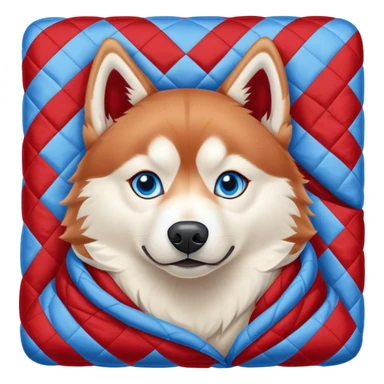 Red Siberian husky with blue eyes cozy in a quilt sticker