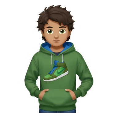 a 14 year old slightly tanned teenage boy with dark brown tousled wavy hair, dark brown eyes wearing a green tshirt, a dark green hoodie, blue jeans and green nike air jordans sticker