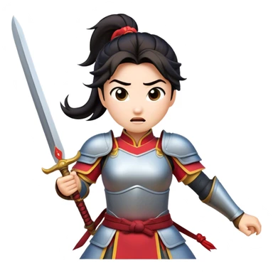 Cinematic Funny Mulan Portrait Emoji, Wearing her training armor too big, looking surprised as a sword nearly topples her over, a mix of warrior determination and hilarious inexperience, a comical yet endearing moment in her transformation! sticker