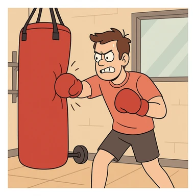 Hit a punching bag – to punch a padded bag for exercise or stress relief.
He went to the gym to hit a punching bag and blow off steam. Background Gym
 sticker