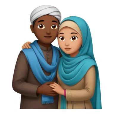 An emotional artistic illustration of an Indian man and an Afghan hijabi girl standing on the maps of India and Afghanistan, symbolically embracing each other  from in front side  despite the distance, showing love beyond borders. sticker