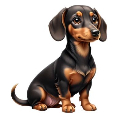 cinematic-[dachshund dog]-realistic-full-body-sitting-emoji,-tail-resting-loosely-beside-its-paws,-head-tilted-dramatically,-sleek-[black and tan]-fur,-simplified-yet-realistic-focused-features,-highly-detailed,-glowing-with-an-almost-sarcastic-glow sticker