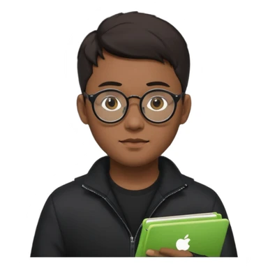 a asia man guy his 20s wearing an apple notebook, wearing bodyguard radio operator, round glasses, blackclothes sticker