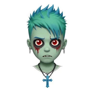 zombie boy with spiky emo blue hair and white shirt , tattos, a risk on the eyebrow, earings,  a necklace with a cross, green skin, shaggy, dark, spooky, creepy expression emoji  sticker