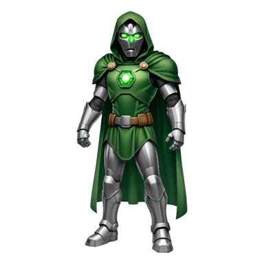 Doctor Doom in full body stance with intense glowing green eyes shining through mask sticker
