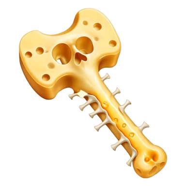 Shredded cheese emitting ethereal golden glow toward a femur bone that shows a healing process with bright golden spots. A luminous K2 vitamin symbol floats nearby, directing the healing energy from the cheese to the specific healing points on the bone. sticker