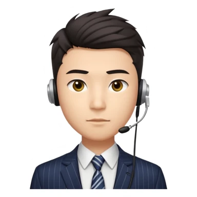 A young Asian man with light skin, short dark hair styled upward with a sharp spiked swoop in front, slightly narrowed almond-shaped eyes with a confident, knowing squint, a clean-shaven face, and a sleek single-ear headset, wearing a dark pinstripe suit with a patterned shirt tie sticker