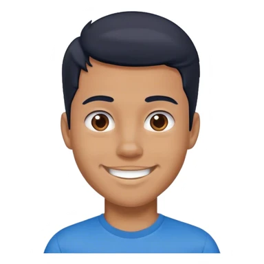 white boy a little bit brown, black hair, smiling, wearing a blue t-shirt sticker