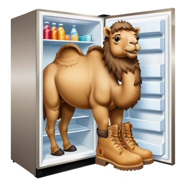 A stainless steel refrigerator with a camel head emerging from the freezer door and camel legs with tan Timberland work boots at the bottom sticker