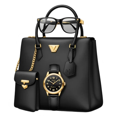 bag and watch, and glasses 1 specfic, all black and white put together like a bundle with no face, all luxury items like lv and prada, and rolex sticker