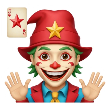 1 poker card, squared, with crazy colorful human jolly joker inside, star symbol with a "J" sticker