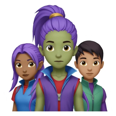 Solo poly platonic relationship, one African girl, one Asian boy, one biracial features Asian tomboy girl rat-tail hair long and upper masculine hair 90s, vampire and marvel cosplay elements inspired  use marvel race, like instead of obvious human, green purple blue etc,  sticker
