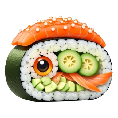 Cute Kawaii California Roll, tiny and round, cute layers of avocado, crab, and cucumber, wrapped in bright orange fish roe, a joyful winking face, tiny sesame seed freckles! sticker