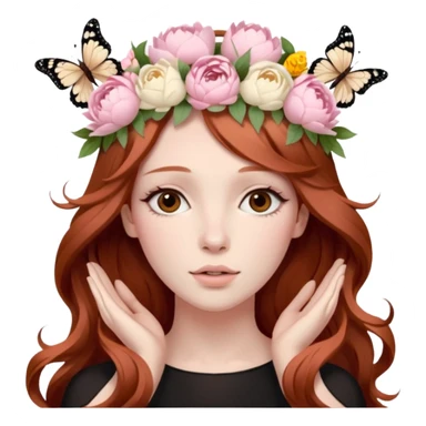 Woman with long flowing auburn hair wearing a pastel flower crown with pale pastel pink peonies and cream colored roses and butterflies in it sticker