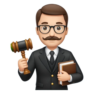 “Create a clean, modern emoji-style illustration of a male lawyer. He is wearing a formal suit jacket. He is holding a judge’s gavel (QUE SE VE DE COSTADO) in one hand and has a law book tucked under his arm. He has a mustache and a short beard, and GLASSES sticker
