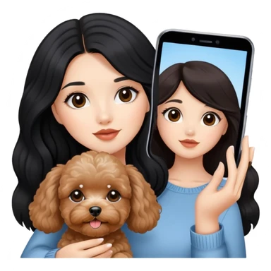 beautiful women with long black hair and  cute brown maltipoo taking a selfie  sticker
