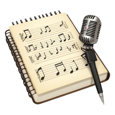 Create an emoji representing songwriting. The design should feature an open notebook or sheet music with visible lyrics between the musical notes, symbolizing the process of writing song lyrics. The text between the notes should be clearly visible. A pen or pencil should be placed near the notebook, indicating active writing. Optionally, include a single vintage microphone lying beside the notebook (not on the music notes) to add a creative touch. Use a harmonious color palette with warm and neutral tones. Do not include any emojis or smiley faces. Make the background transparent. sticker