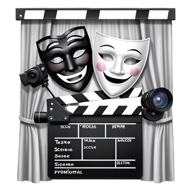 Icon for Acting in Theatre: a stage with curtains, a theater mask, a film camera, and a clapperboard. The design should represent theatrical performance and acting techniques. Transparent background. sticker