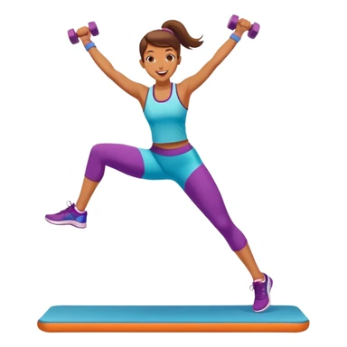 An energetic person performing an aerobics workout in a brightly lit gym, jumping and stretching with enthusiasm. The scene includes vibrant fitness equipment like dumbbells and exercise mats, with a background of cheerful, motivating colors, conveying energy and movement. sticker