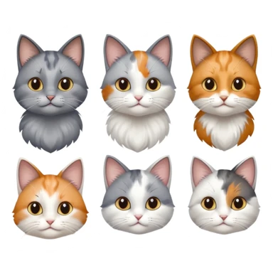 6 realistic looking cats with different natural coloured coats, assorted grey and white, greys, calico, brown and white colours etc
 sticker