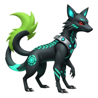 Black and green cyberpunk intricate neon glowing grey white futuristic cyborg-Protogen-Primagen-Zeraora-Zoroark-Umbreon-Litten-Salandit-fusion (full body) sticker