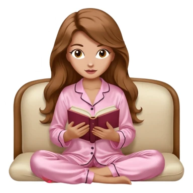 Woman with light tanned skin reading a book on Beige sofa. Long wavy brown hair. Beige ivory colour background. Light pink Silk pyjamas. Realistic person. Fox eye shape with long lashes. Pinky brown lips. sticker