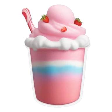 a strawberry milkshake topped with whipped cream, a candy marshmallow, a gummy candy heart, and cotton candy sticker