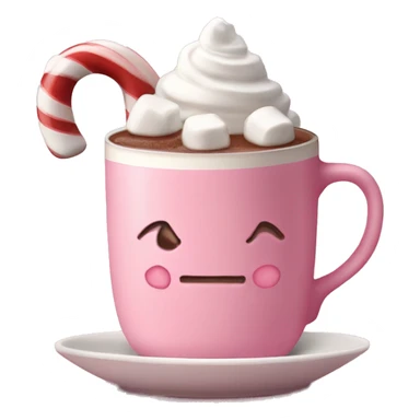 Hot chocolate in a pink mug with a candy cane and marshmallows and whipped cream  sticker
