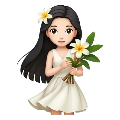  A girl with a black half-up half-down hairstyle, and a white dress, enjoying the spring breeze.Holding a bundle of frangipani sticker