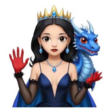 relaxed low cut back silk black evening gown with see-through gloves, Jenna Ortega as Addams woman prom queen wearing a mini tiara, very large blood blue evil-looking horned old dragon companion sticker