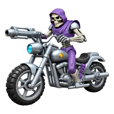  skull-headed tank mech motorcycle with four mechanical arms with guns, skeletor , tank tread lower body, aggressive expression, shiny metal with minimal color accents, preserve all proportions, pose, and details sticker