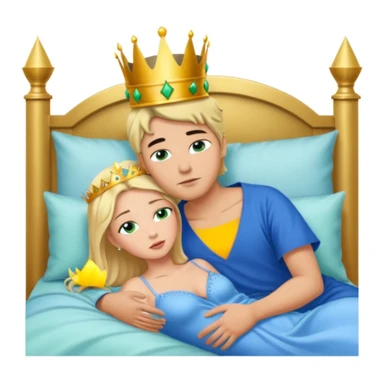 Blonde Queen with crown, Green eyes, naked, kissing man, naked, without crown, black hair, blue eyes, whole Body, Background sleeping room  sticker