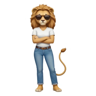 friendly anthropomorphised female lion character, full body, standing confidently with legs shoulder width apart and arms folded, wearing jeans, a white t-shirt, and dark sunglasses, with a determined expression sticker