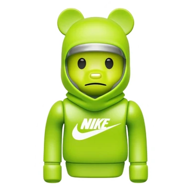 bearbrick toy wearing a lime green balaclava with a Nike swoosh logo sticker