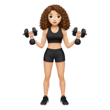 white woman with long brown curly hair in black top and shorts holding dumbbell sticker