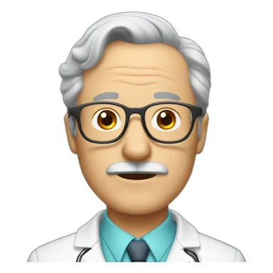 gray-haired doctor with a receding hairline, glasses and a mustache sticker