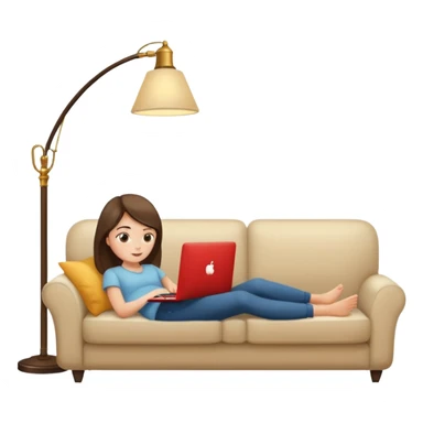 A girl is working with a laptop while lying on a sofa, with a floor lamp to the right. sticker