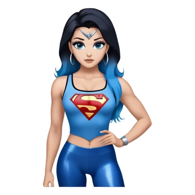 Full body with long legs-very very large chest clevage-beautiful face-black leggings-very long very straight dark blue to light blue ombre hair-and-blue eyes-a lot of black eyeliner-thick long eyelashes-sky blue low cut tanktop with glitter superman logo-silver hoop earrings sticker