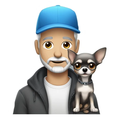 Handsome blue eyed man, with grey hair,  and grey goatee beard, wearing ball cap, holding ‘a black long hair chihuahua’ sticker
