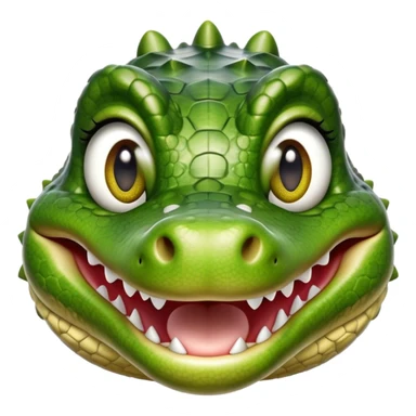 Cinematic Realistic Cute Crocodile Portrait Emoji, Head tilted playfully and inquisitively, featuring a robust, well-defined build with intricately detailed, glossy olive-green scales and a surprisingly endearing face with round, sparkling eyes full of unexpected charm, rendered with lifelike texture and natural highlights, high shine, affectionate and spirited, styled with a touch of wild whimsy, soft glowing outline, capturing the essence of a mischievous yet lovable crocodile that seems poised to snap playfully out of the screen into your arms! sticker