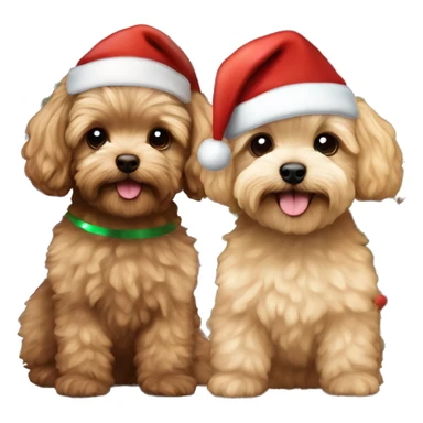 Brown, beige colored Maltipoo with Christmas hat and Christmas tree Christmas lights and a brown haired boy and blond long haired girl human in the background  sticker