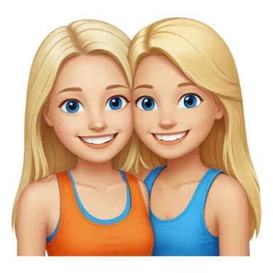 Two girls both have long blonde hair posing cheek to cheek with one girl wearing an orange shirt and the second girl wearing a tank top both have bright white teeth and smiling both have beautiful blue colored eyes sticker