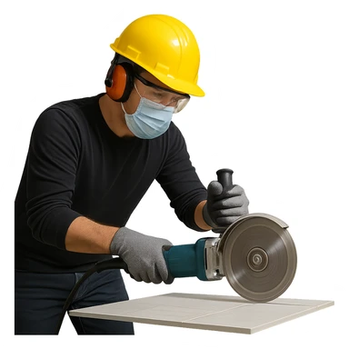 a person using a disc grinder to cut a porcelain tile, clear action, safety gear visible, modern setting, no background sticker