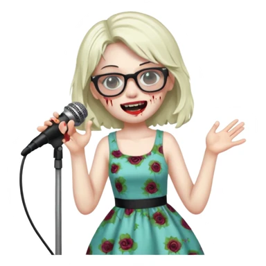 singer, Zombie girl, super happy, wearing dress, singing to mic, glasses sticker