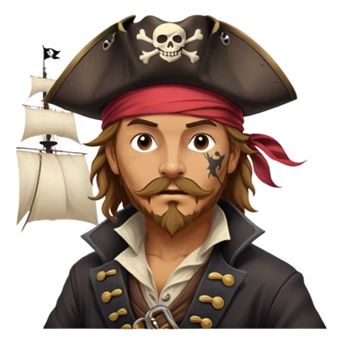 clash-of-clans-aesthetic_-cinematic-focused-pirate-bust-portrait-emoji, head slightly tilted with a determined, roguish expression and bold features, featuring a compact, spirited build with a jaunty hat and quirky bandana on tan skin, at the helm of a grand sailing ship complete with billowing sails and a tattered Jolly Roger flag fluttering dynamically in a tempestuous sea breeze. sticker