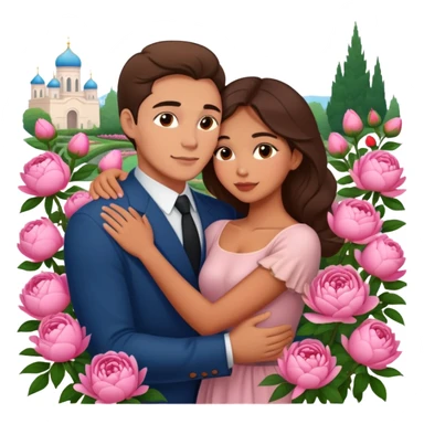 couple hug with warm Latina girl and russian man elegant peonies garden roses  sticker