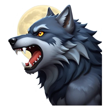 cinematic-noble-fierce-werewolf-howling-portrait-emoji, poised-and-imposing, with a fierce wolfish face tilted upwards in a haunting howl, glowing eyes full of primal ferocity, sharp, and a rugged snout, fur rippling in shades of midnight black and silver, muscles tensed as the powerful howl echoes beneath the moonlit sky; rendered with realism, capturing the raw, untamed power of the beast in its wild, primal state sticker