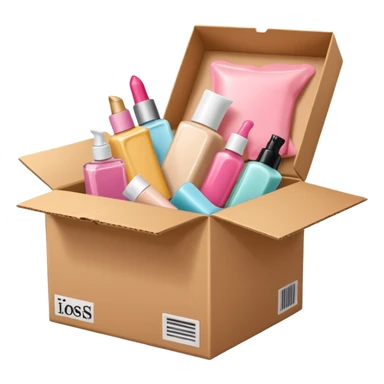 a cardboard box with assorted beauty products like compact, lotion, and nail polish spilling out with a pink background sticker