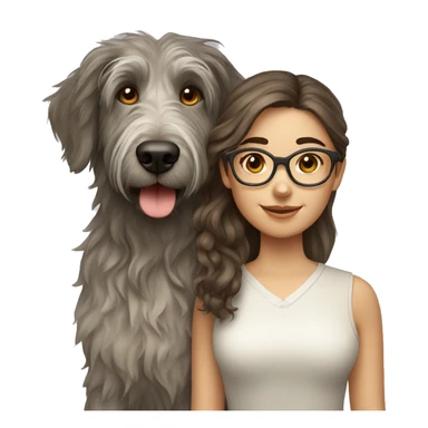 Brown wavy hair girl with glasses and an Irish wolfhound dog sticker
