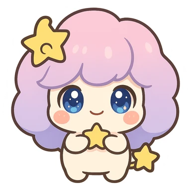 Stella Puff (星星噗噗) in kawaii chibi style, front view, holding a tiny star, big sparkling blue-violet eyes, puffy pastel pink-purple gradient hair with a yellow star swirl, creamy white round body, coral pink blush, short arms and legs, golden star tail, clean lines, transparent background sticker